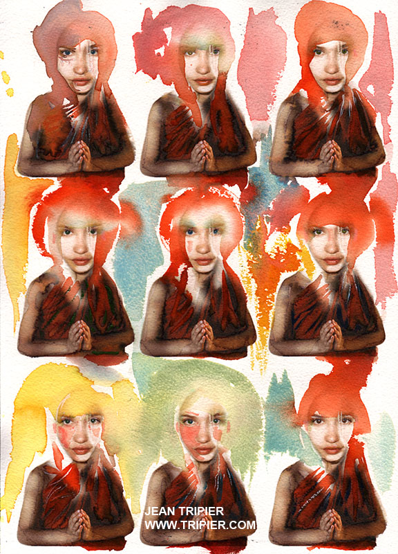 Nine monks - Watercolor on paper