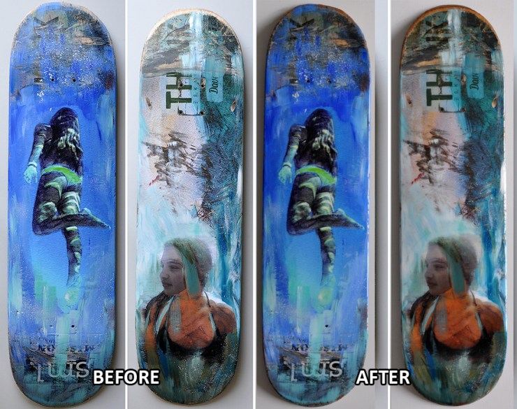 Skate decks before and after art resin top coat